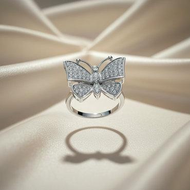 10K White Gold Diamond Pavé Butterfly Ring — front view full wing spread