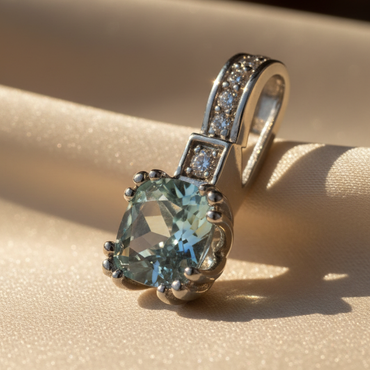 14K White Gold 6mm Cushion Aquamarine & Diamond Pendant - editorial three-quarter