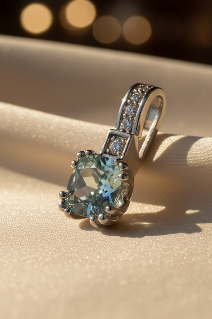 14K White Gold 6mm Cushion Aquamarine & Diamond Pendant - editorial three-quarter