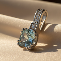 14K White Gold 6mm Cushion Aquamarine & Diamond Pendant - editorial three-quarter