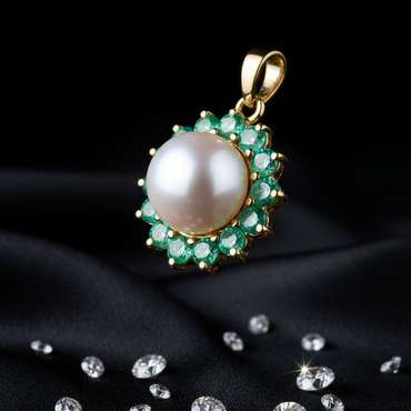 Yellow gold freshwater pearl and emerald halo pendant - three-quarter angle