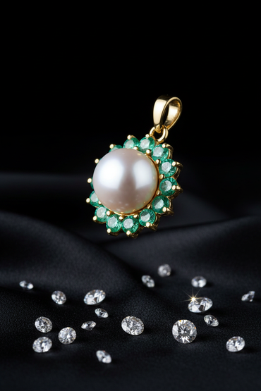 Yellow gold freshwater pearl and emerald halo pendant - three-quarter angle