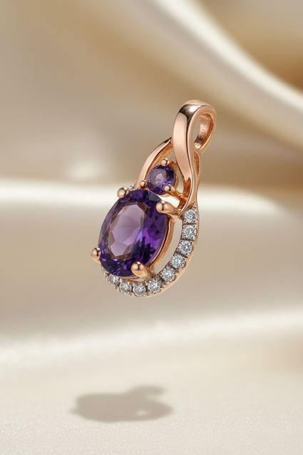 14K Rose Gold Oval Amethyst & Diamond Halo Pendant - three-quarter angle