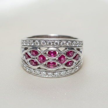 14K white gold ruby and diamond lattice wide band ring, side profile