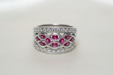 14K white gold ruby and diamond lattice wide band ring, side profile