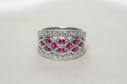 14K white gold ruby and diamond lattice wide band ring, side profile