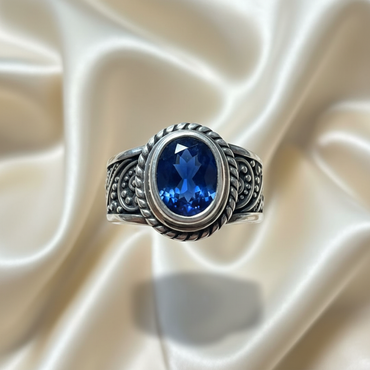 Sterling Silver Oval Blue Sapphire Bali Ring — front view