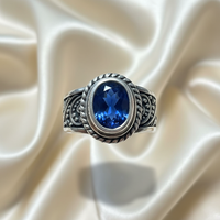 Sterling Silver Oval Blue Sapphire Bali Ring — front view