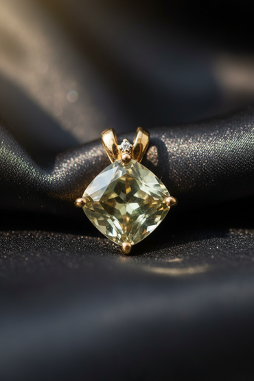 14K Yellow Gold Olive Quartz and Diamond Pendant – Front View