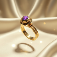 14K Yellow Gold Cabochon Amethyst Rope Halo Wheat Band Ring — Three-Quarter View