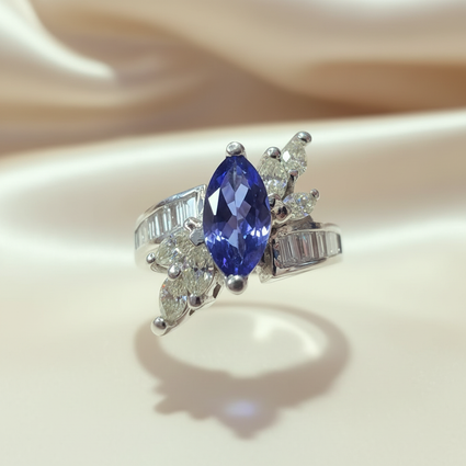 14K White Gold Marquise Tanzanite Cocktail Ring with Diamond Spray & Baguette Channel Shank - Front View
