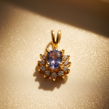 14K Yellow Gold Tanzanite & Diamond Sunburst Halo Pendant - Front View