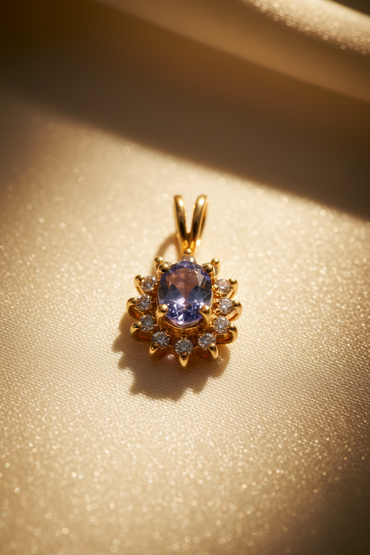 14K Yellow Gold Tanzanite & Diamond Sunburst Halo Pendant - Front View