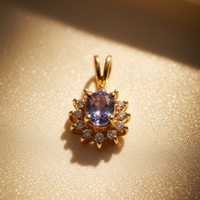 14K Yellow Gold Tanzanite & Diamond Sunburst Halo Pendant - Front View