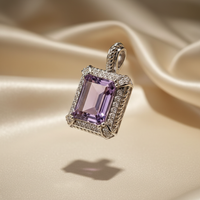 14K White Gold Emerald-Cut Amethyst & Diamond Halo Pendant - Three-Quarter View