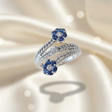 14K White Gold Blue Sapphire Flower Cluster Toi et Moi Bypass Ring — Three-Quarter View