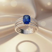 14K White Gold Cushion-Cut Blue Sapphire Ring with Four-Row Diamond Pavé Split Shank - Top Down View