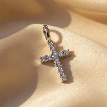 14K white gold pavé diamond cross pendant with round brilliant diamonds, angle 1
