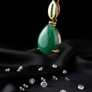 14K Yellow Gold 4ct Fancy Pear Emerald Cabochon Pendant - Three-Quarter Angle