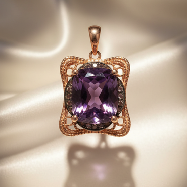 14K Rose Gold Amethyst & Diamond Vintage Filigree Pendant - front view