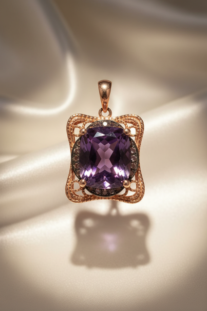 14K Rose Gold Amethyst & Diamond Vintage Filigree Pendant - front view