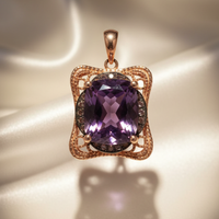 14K Rose Gold Amethyst & Diamond Vintage Filigree Pendant - front view