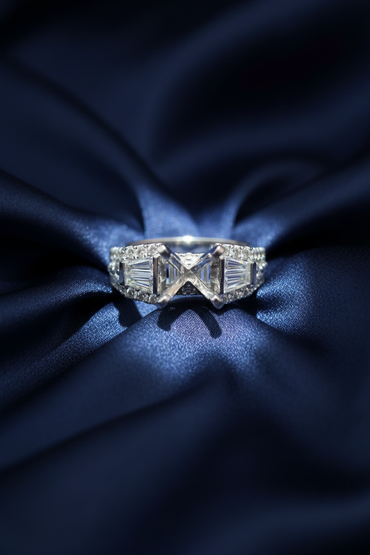 14K White Gold Baguette and Pavé Diamond Semi-Mount Engagement Ring on midnight blue silk backdrop editorial marketing image