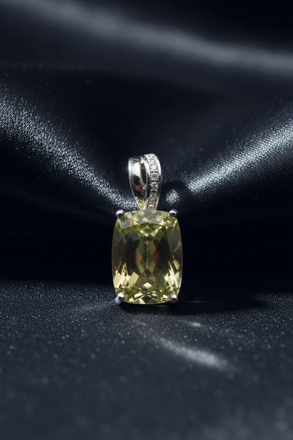 14K White Gold Olive Quartz and Diamond Pendant – Front View