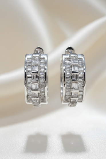 14K White Gold Baguette Diamond Basket-Weave Huggie Hoop Earrings – Front View