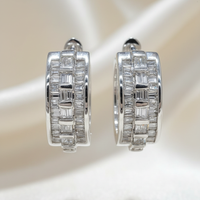 14K White Gold Baguette Diamond Basket-Weave Huggie Hoop Earrings – Front View