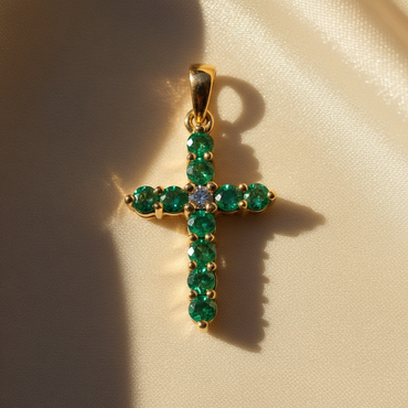 14K Yellow Gold Emerald & Diamond Cross Pendant - Overhead View