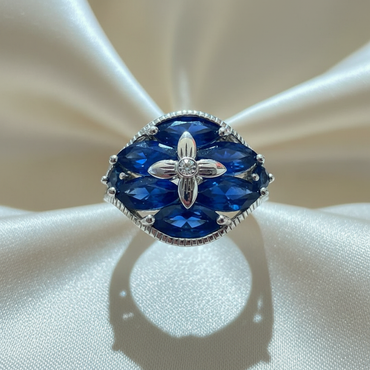 14K White Gold Pear-Cut Blue Sapphire Fan Cluster Shield Ring - Top Down Cool Tone