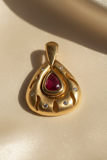 14K Yellow Gold Ruby & Diamond Satin Pendant - angle 1