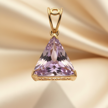10K yellow gold 9x9mm trillion-cut amethyst filigree solitaire pendant, side view