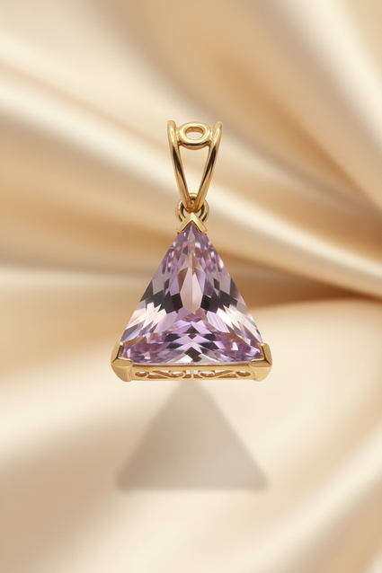 10K yellow gold 9x9mm trillion-cut amethyst filigree solitaire pendant, side view