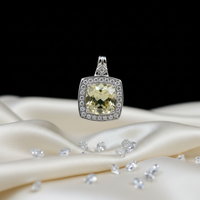 14KT White Gold Cushion Lemon Quartz & Diamond Halo Pendant — 3.7ctw