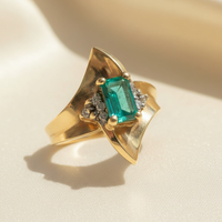 10K Yellow Gold Created Emerald-Cut Emerald & Diamond Ring - marketing image 3