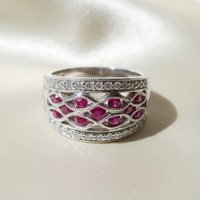 14K white gold ruby and diamond lattice wide band ring, top-down view