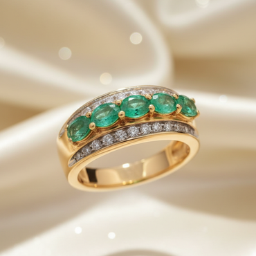 14K yellow gold five-stone emerald and .25ctw diamond channel ring, elevated front view