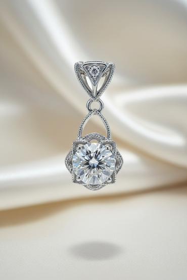 18K white gold .52ctw diamond filigree flower basket drop pendant, front view