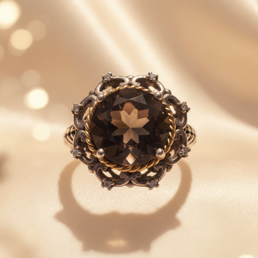 Sterling Silver 14K Yellow Gold Smoky Quartz and Diamond Ring - editorial top view
