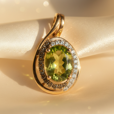 14K Yellow Gold Oval Peridot, Smoky Quartz & Diamond Bypass Pendant - Front View