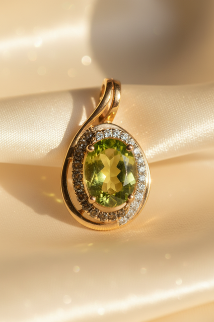 14K Yellow Gold Oval Peridot, Smoky Quartz & Diamond Bypass Pendant - Front View