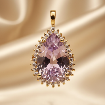 14K yellow gold .30ctw diamond 14x8mm pear-cut amethyst starburst halo pendant, front view