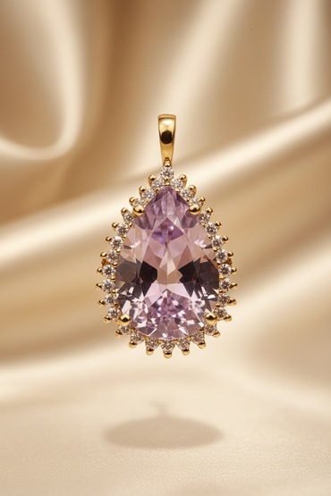 14K yellow gold .30ctw diamond 14x8mm pear-cut amethyst starburst halo pendant, front view