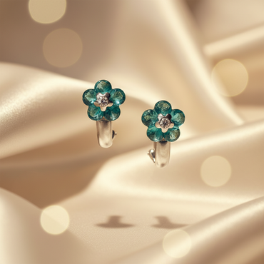 14K White Gold Blue Topaz & Diamond Flower Earrings - Front View