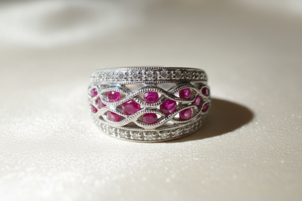 14K white gold ruby and diamond lattice wide band ring, front view