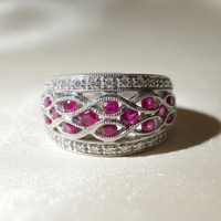14K white gold ruby and diamond lattice wide band ring, front view