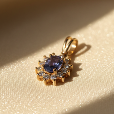 14K Yellow Gold Tanzanite & Diamond Sunburst Halo Pendant - Angle View