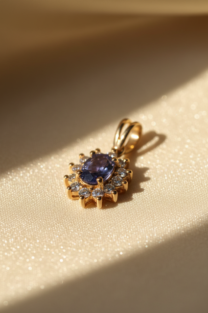 14K Yellow Gold Tanzanite & Diamond Sunburst Halo Pendant - Angle View